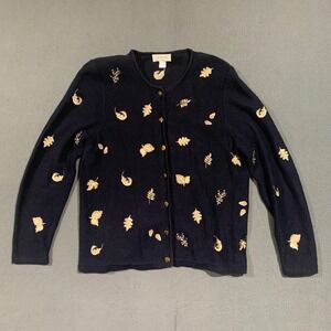 Grandmacore Fall Leaves Embroidered Cardigan Sweater Knit Navy Gold Blue Size 14